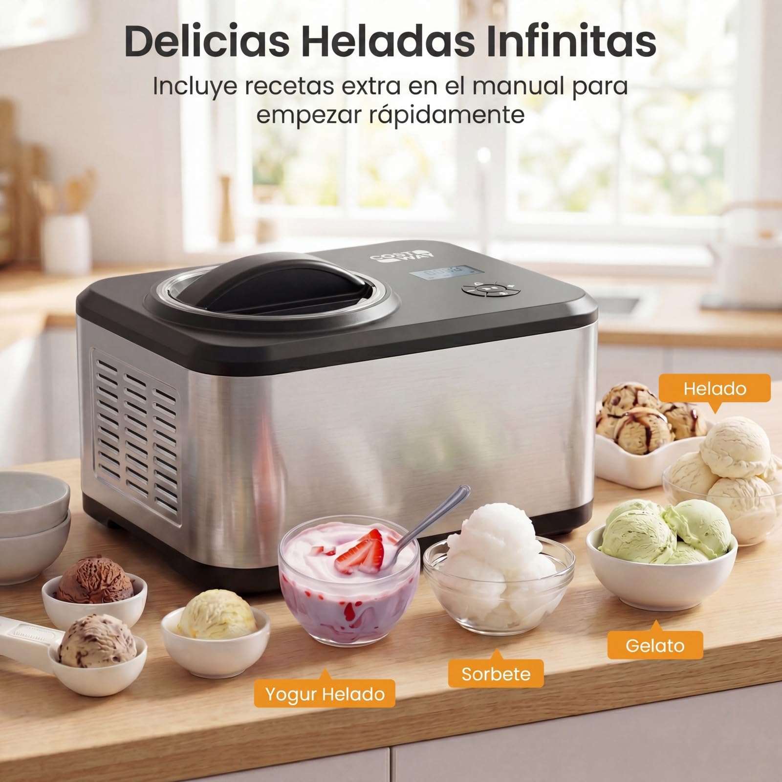 COSTWAY Máquina de Helados 1,5 L, Heladera de Acero Inoxidable Casera con Compresor Integrado, 4 Modos, Pantalla LCD, Función Temporizador, Máquina para Hacer Helado Gelato Sorbete Yogur para Hogar