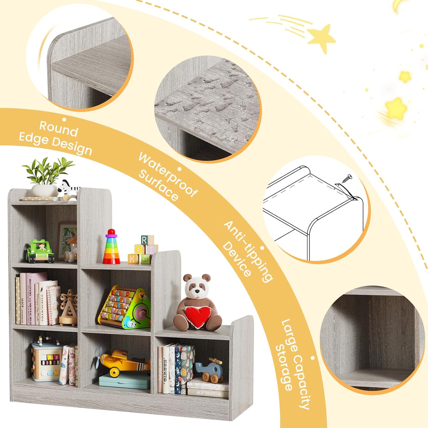 Book Shelf, 6-Cube Toy Organizers and Storage, Small Open Floor Montessori Bookcase for Kids Room, Bedroom and Playroom, 35.4" W x 11.8" D x 31.5" H, Grey