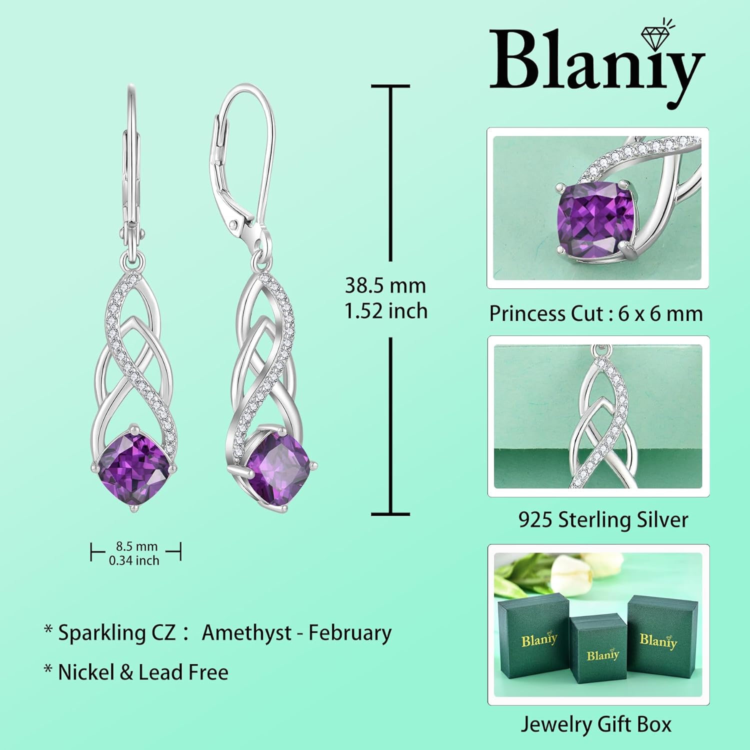 Princess Cut Drop Dangle Earrings 925 Sterling Silver Celtic Knot Leverback Earrings Birthstone Infinity Jewelry Gifts for Women - Image 6