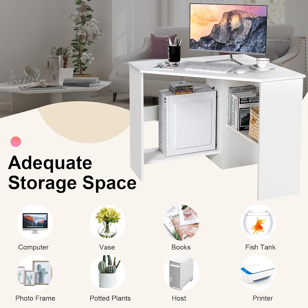 Tangkula White Corner Desk - 90 Degrees Triangle for Computer, Small Space, Bedroom, Makeup Vanity Desk with Storage Shelves & CPU Stand, Space Saving Writing Desk