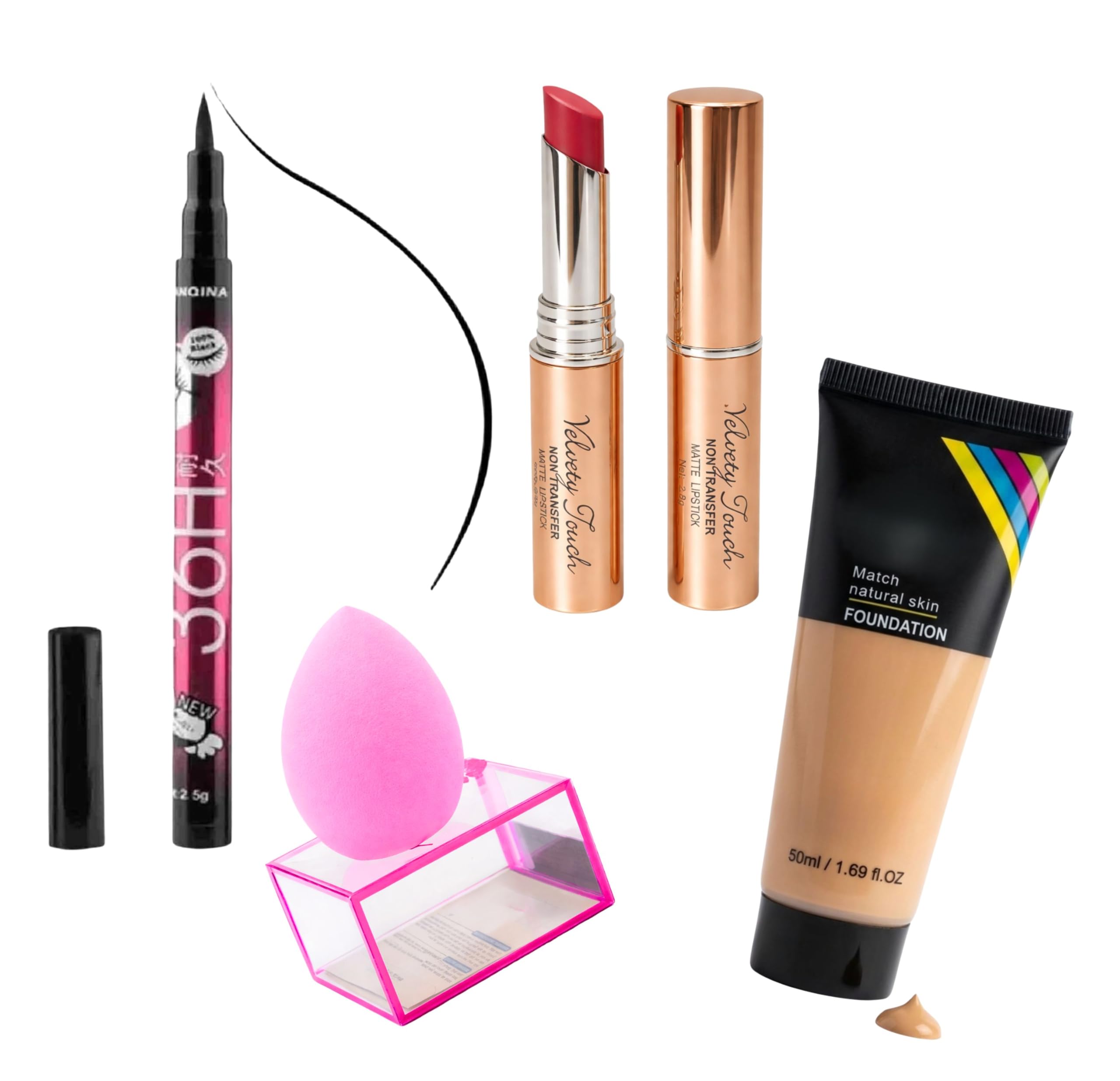 4-in-1 Professional Makeup Combo Set - Waterproof Liquid Eyeliner, Matte Non-Transfer Lipstick, Full Coverage Liquid Foundation with Precision Beauty Blender Sponge - Long Lasting Daily Glamour Kit-image-3