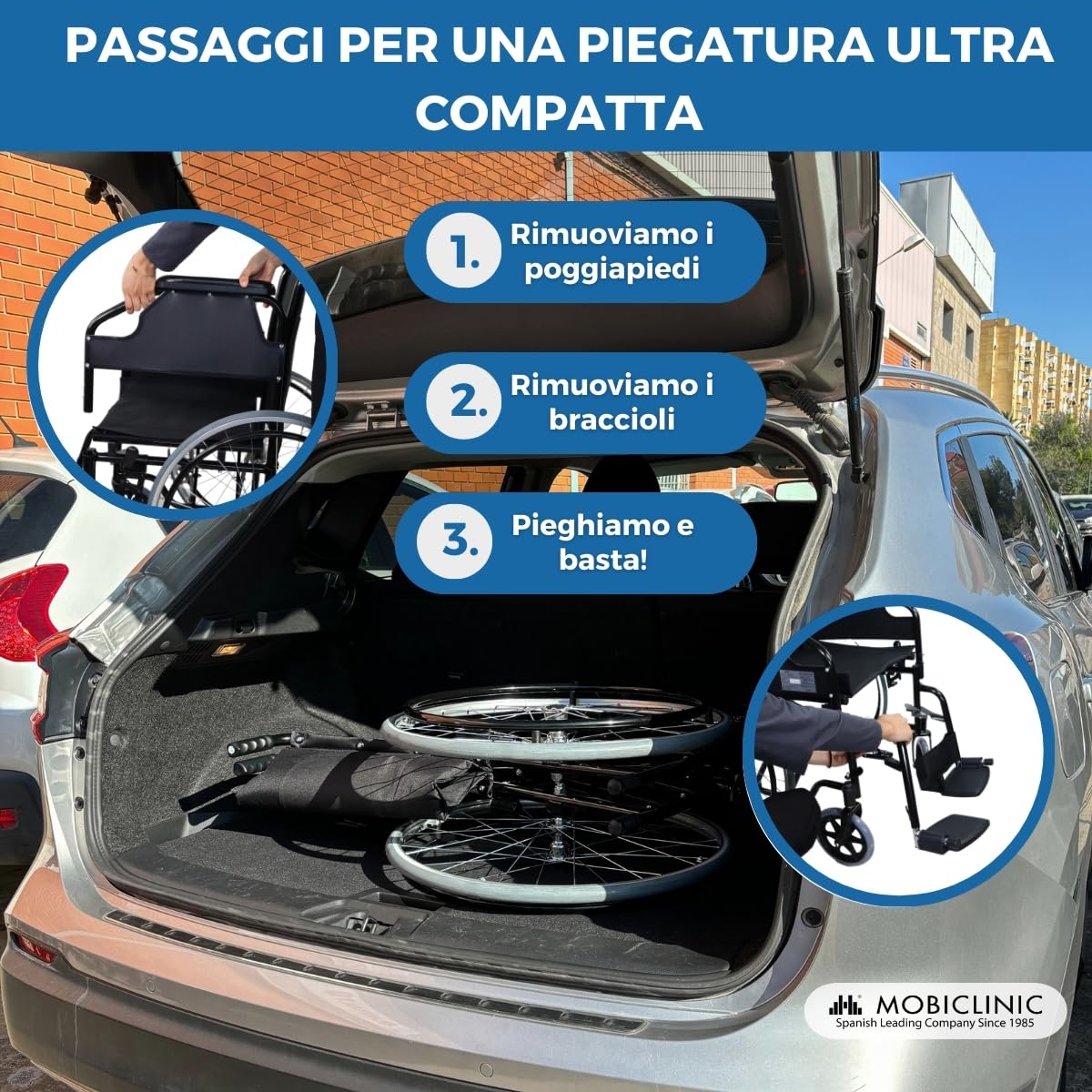Mobiclinic®, Sedia a rotelle pieghevole, Autopropulsa, Braccioli rimovibili e imbottiti, Poggiapiedi abbattibili, Catedral, Freno manuale, Sistema di sollevamento dei marciapiedi, Ruote antiforatura