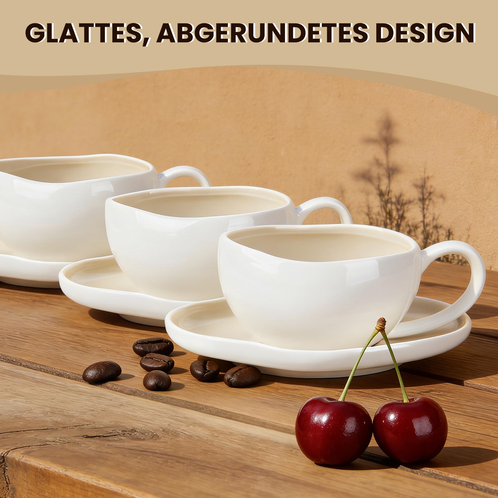 Filiżanki do espresso, zestaw filiżanek do espresso ze spodkami, 6-częściowy zestaw ceramicznych filiżanek do espresso i moki, 120 ml, filiżanki i spodki, jasnobeżowy i biały
