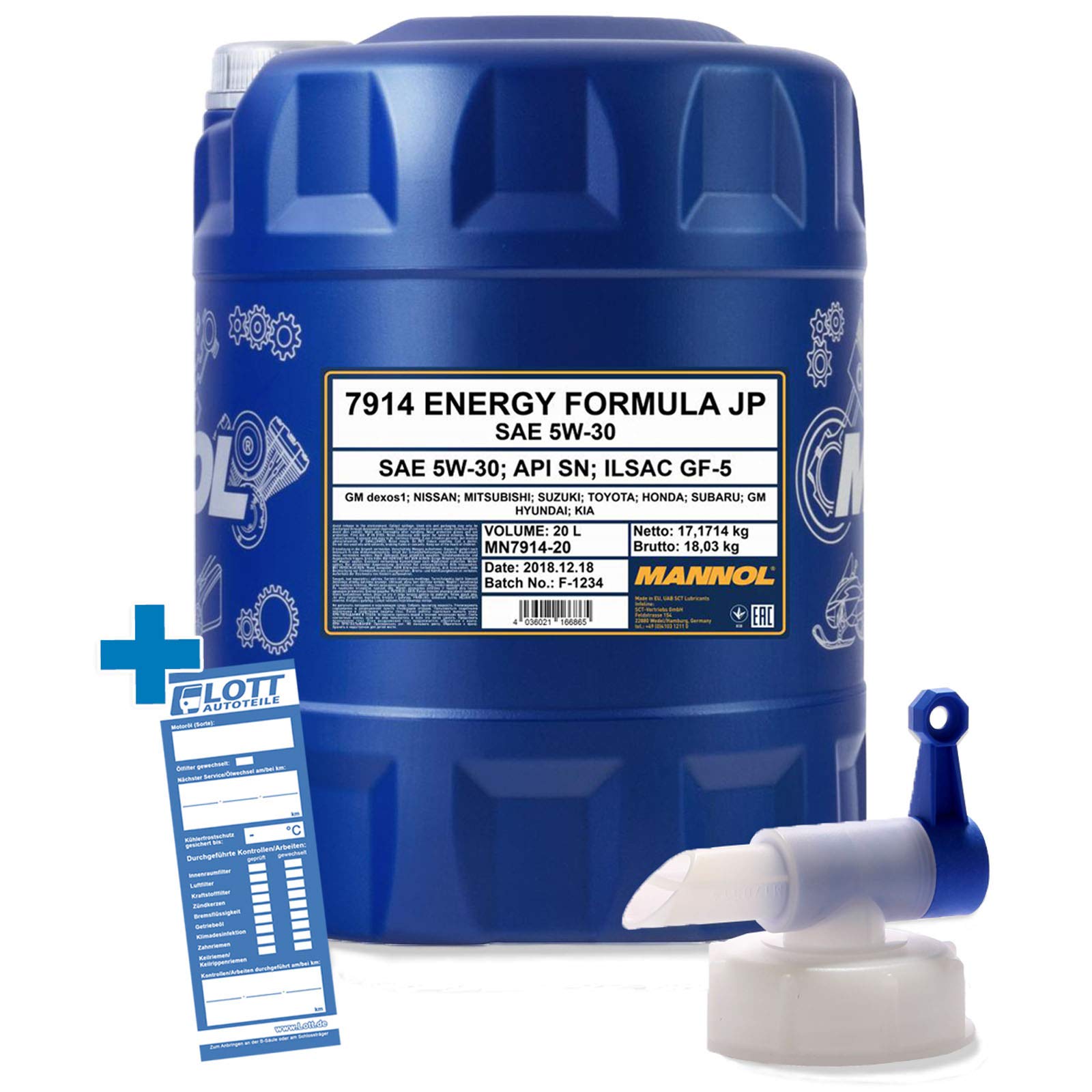 MANNOL 20L Motoröl Energy Formula JP 5W-30 Öl 5W30 + Auslaufhahn