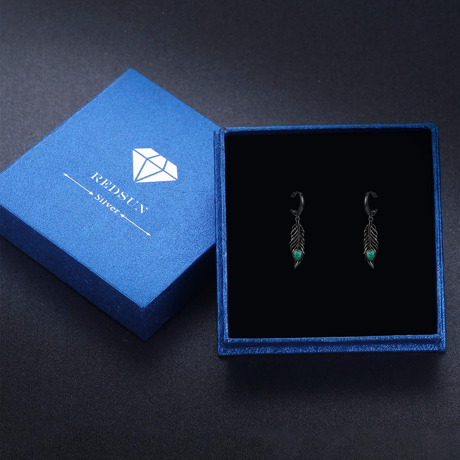 REDSUN Orecchini a cerchio in argento Sterling S925 con piuma nera con malachite, orecchini pendenti in stile bohémien, per uomo e donna