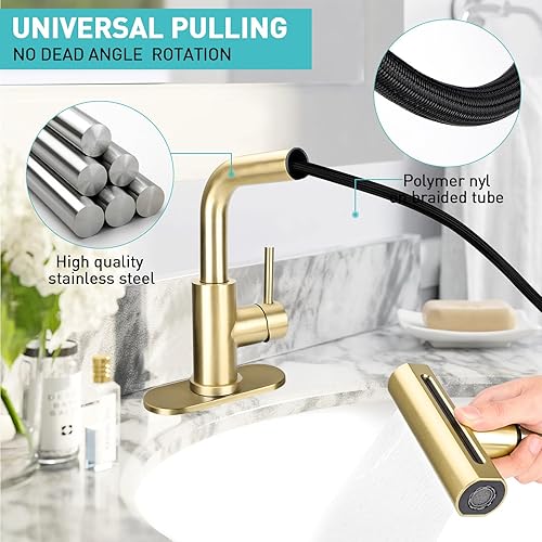 Miniatura 5 de Grifos de baño 4 en 1, grifo dorado moderno de un solo mango extraíble para fregadero de baño, 1 o 3 agujeros con drenaje desplegable y placa de