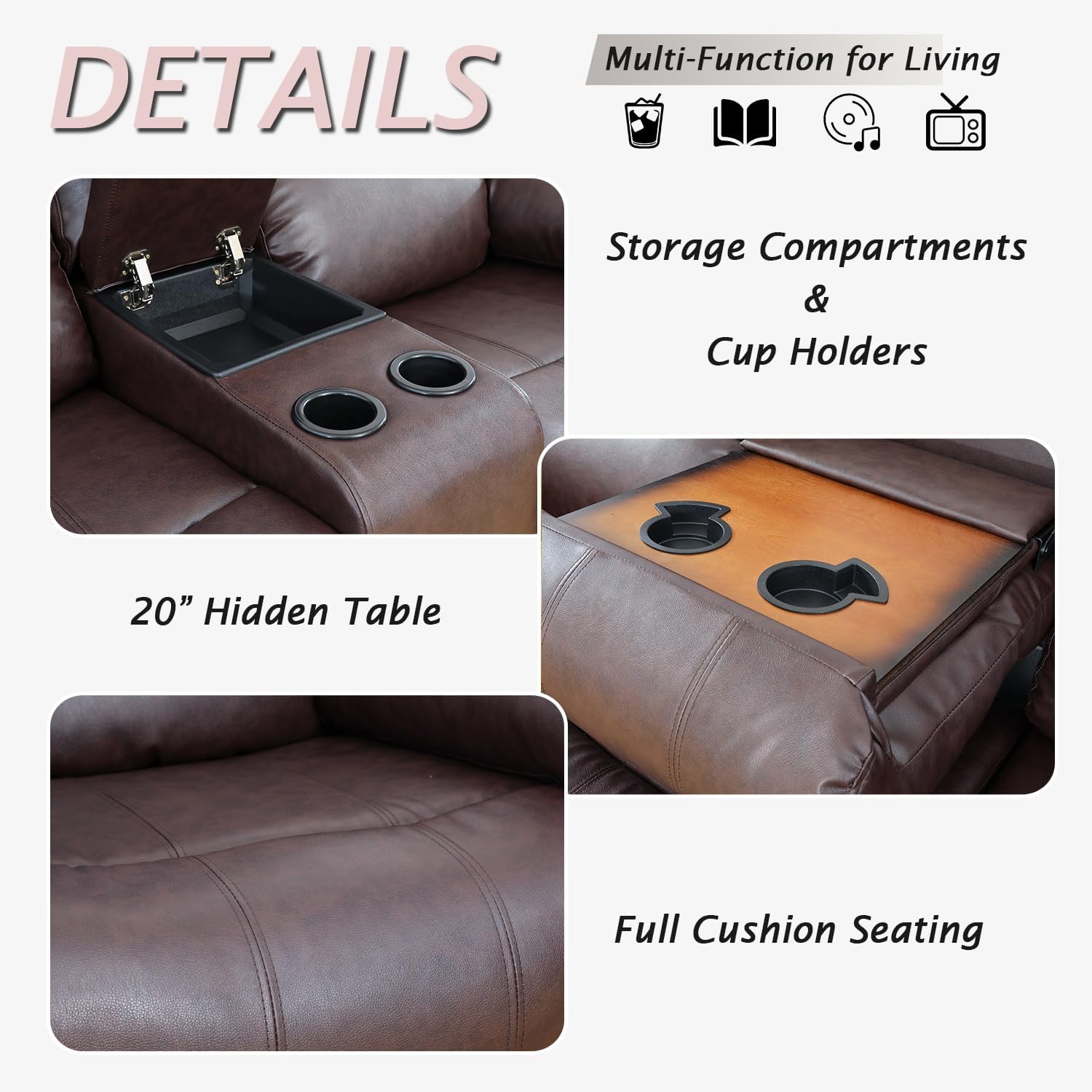 Leather Recliner Sofa Set，Leather Reclining Couch for Living Room Furniture Sets，Brown Recliner Couch with 5 Recliners for Living Room/Office/Theater Seating(Sofa Set 3 Pieces)