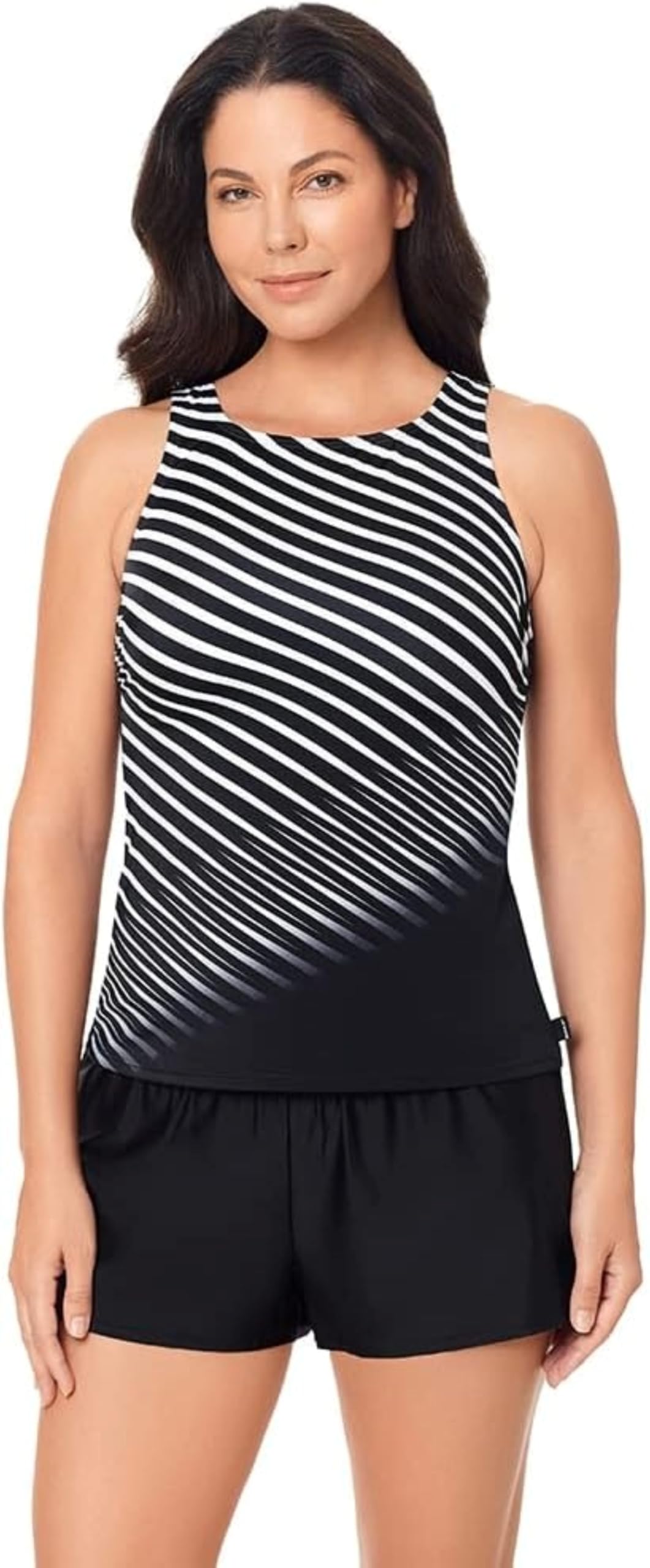 Reebok Women's Swimwear Sharp Focus High Neck Soft Cup Tankini Top, Black White, 14