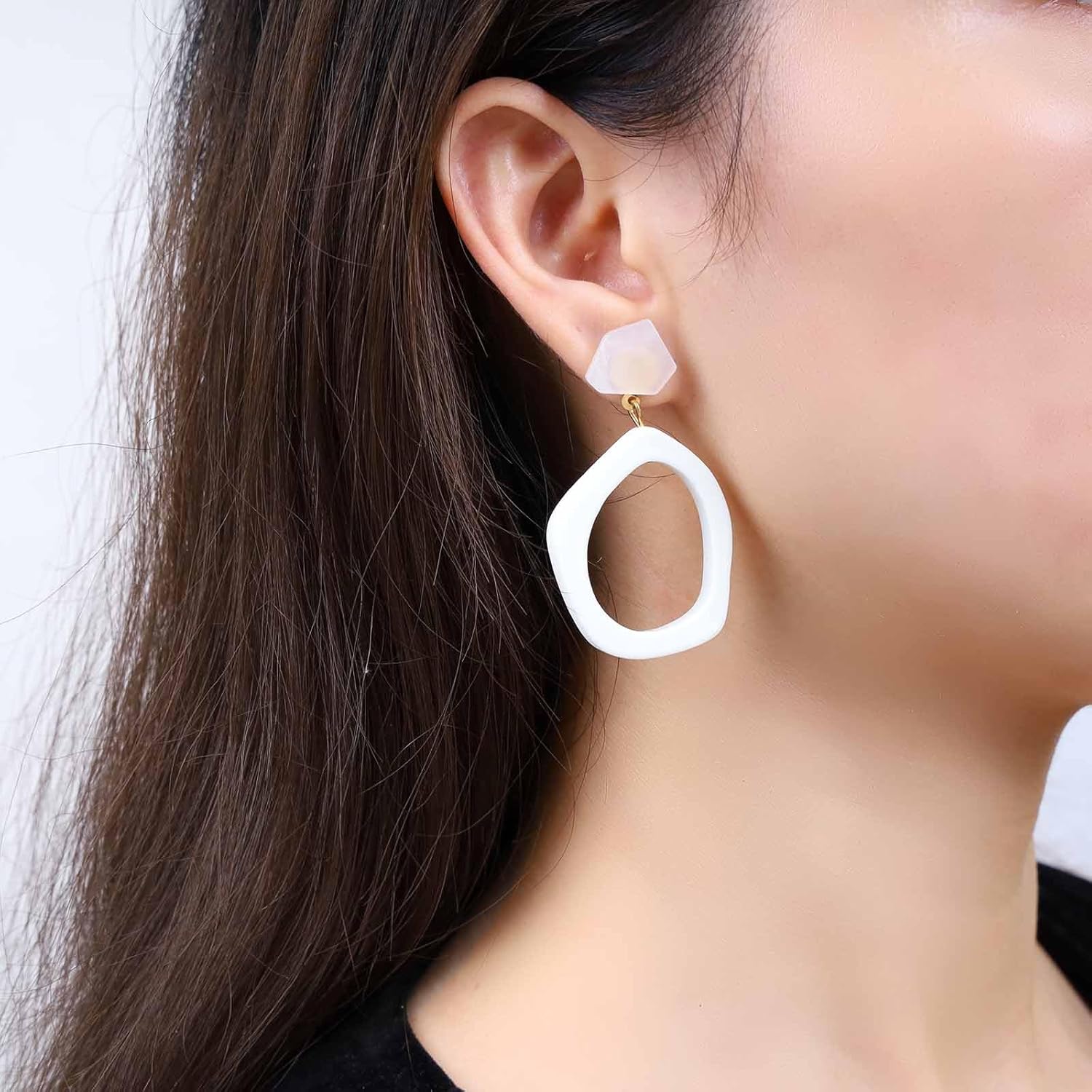 Boho Acrylic Resin Dangle Earrings White Acrylic Oval Earrings Hollow Resin Drop Earrings Large Acrylic Hoop Earrings Geometric Earrings Jewelry for Women - Image 2