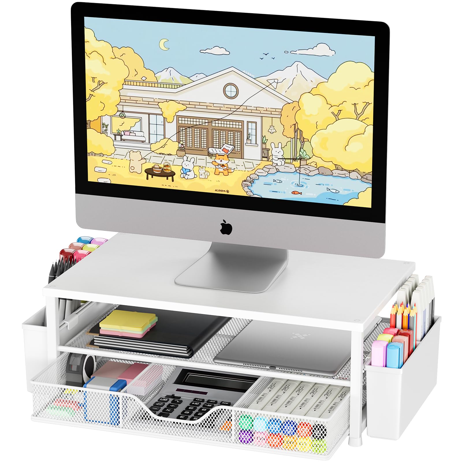 OPNICE Desk Organizers and Accessories, Computer Monitor Stand Riser with Drawer and 2 Pen Holders, Printer &amp; Laptop Stand, Office Desk Accessories &amp; Workspace Organizers for Home Office Supplies, White Wood