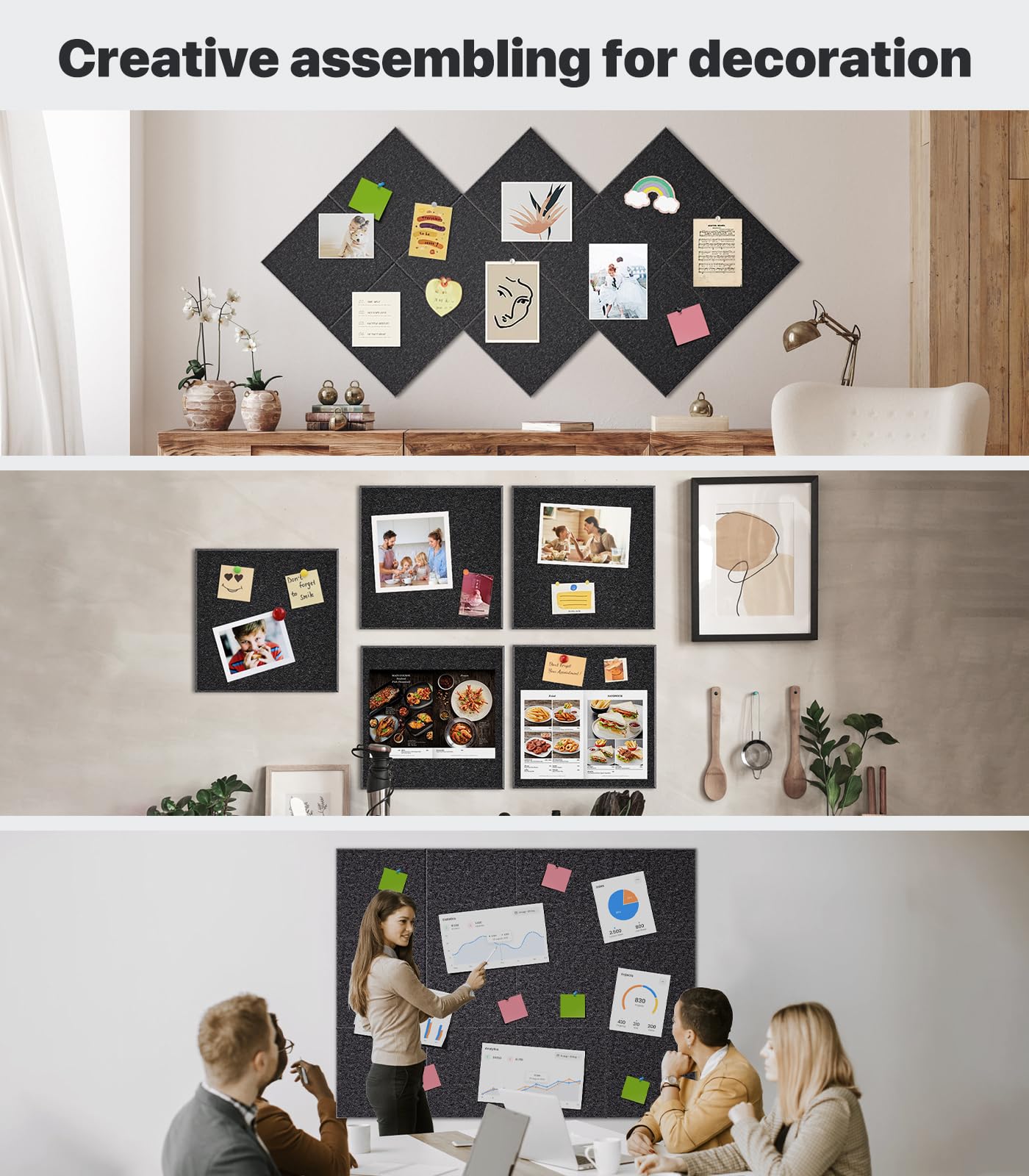 Große Kork-/Filz-Pinnwand Für Die Wand - 12er Set Schwarze Fliesen 30x30cm, Selbstklebend, Für Vision Board, Büro & Kinderzimmer