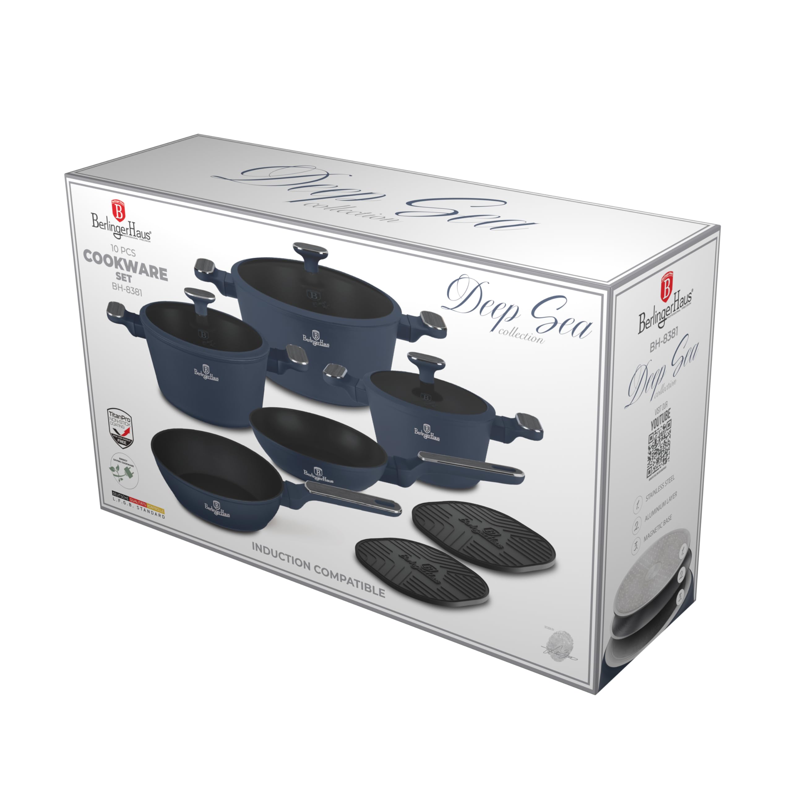 Berlinger Haus Titanbeschichtete Kochgeschirr-Set 10 Teile Deep Sea Kollektion, antihaft, langlebig, für gesundes Kochen, pflegeleicht, hochwertiges Küchenset