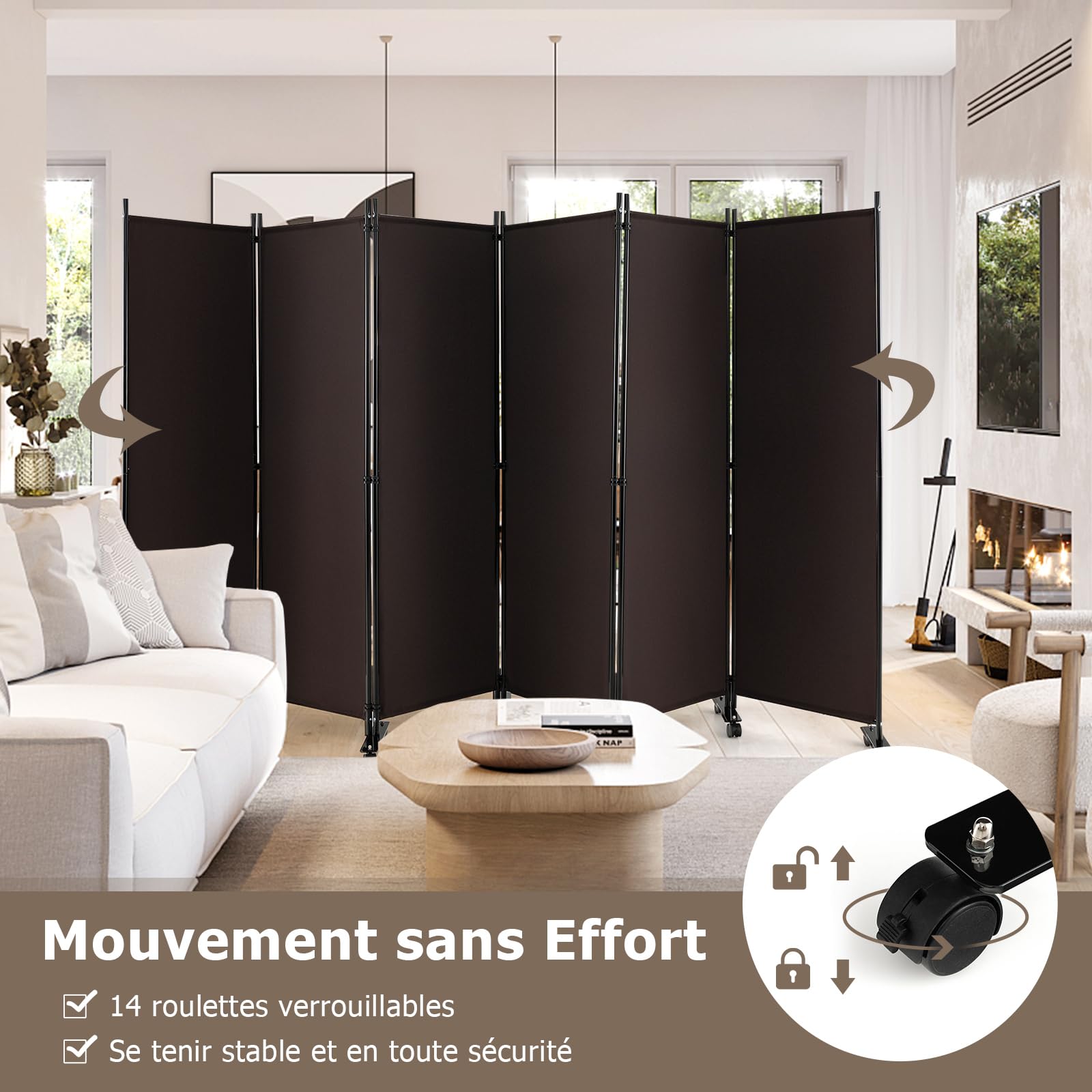 GIANTEX Paravent intérieur sur roulettes - 6 pièces - 334,5 x 172 cm - Paravent Pliable en Tissu - avec Pieds Larges -Protection privée (Marron)