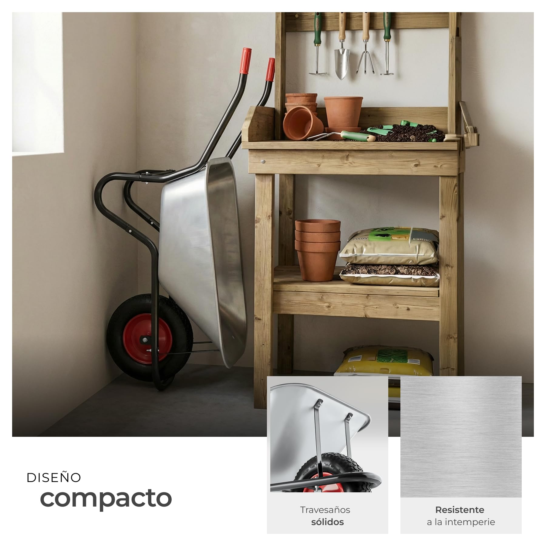 tectake® Carretilla de Carga, Hecho de Acero galvanizado, Carro con Ruedas neumáticas, Capacidad de 100 L, Carga hasta 250 kg, Estructura Robusta, Carretilla Jardin, Uso versátil, Carretilla de Obra