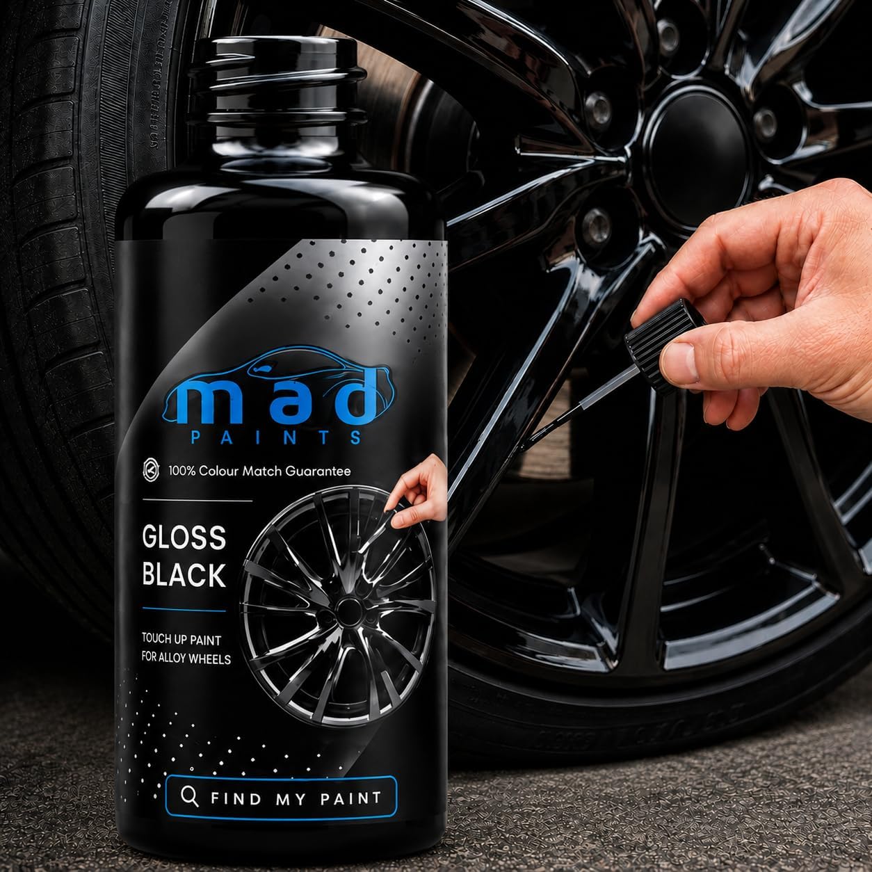 M.A.D MYLDAN AUTO DESIGN M.A.D Gloss Black Alloy Wheel Touch-Up Repair Kit - 30ml Gloss Finish Paint with Brush for Curbing Scratches & Scuffs - Chip-Resistant, Helios Formula