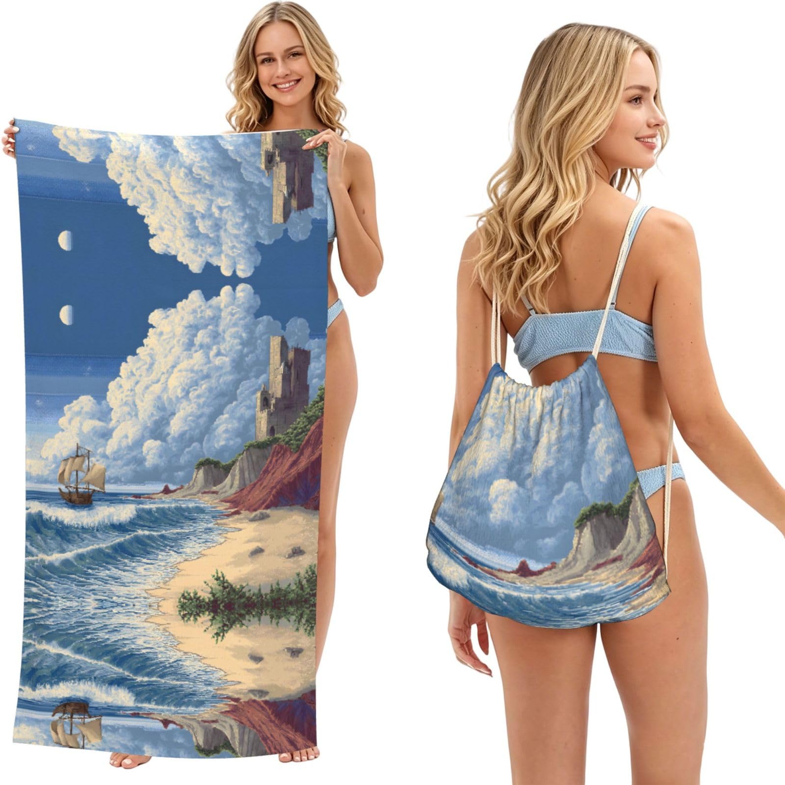 ESNAIUVCD Seaside Scenery Print Beach Towel For Adults,Towel With Drawstring Bag, Travel Pool Swimming Sports Shower Sand Free Quick Dry Bath Towel For Pool, Beach, Yoga- 180x60cm