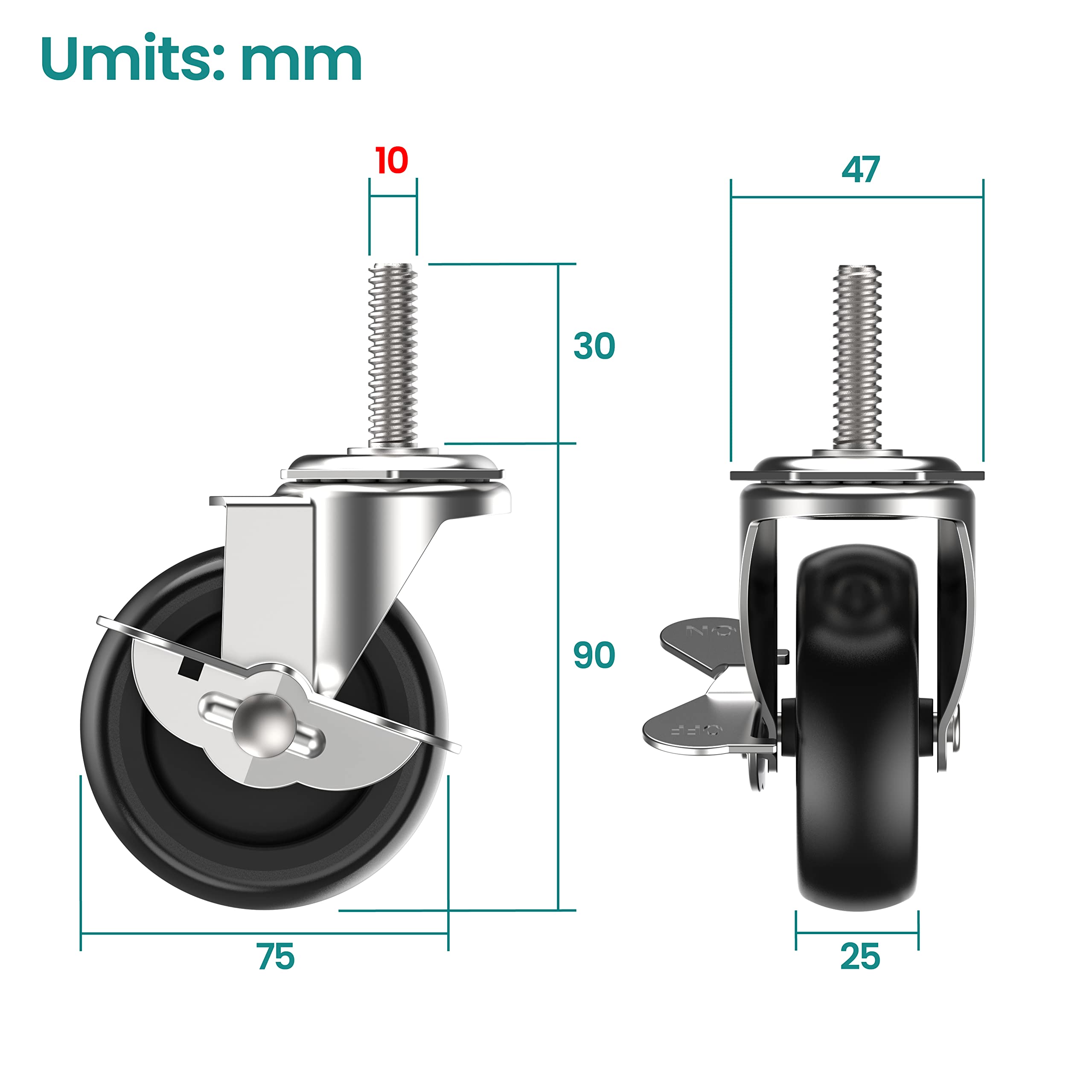HOLKIE Castor Wheels 75mm with Brakes Set of 4 Heavy Duty - Image 2