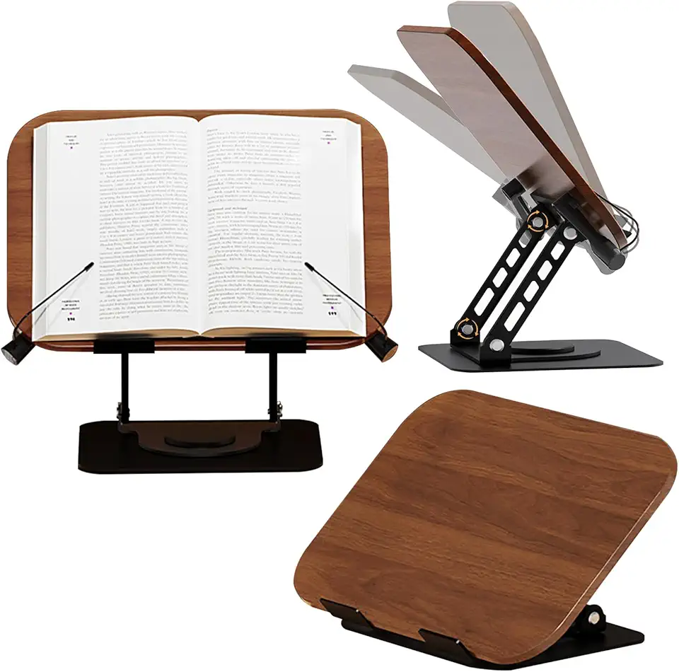 Suporte para Livros de Madeira Ajustável com Base Giratória 360° - Apoio de Leitura Ergonômico para Tablets, Receitas, Partituras e Notebooks - Suporte Dobrável com Clipes Elásticos e Antiderrapante