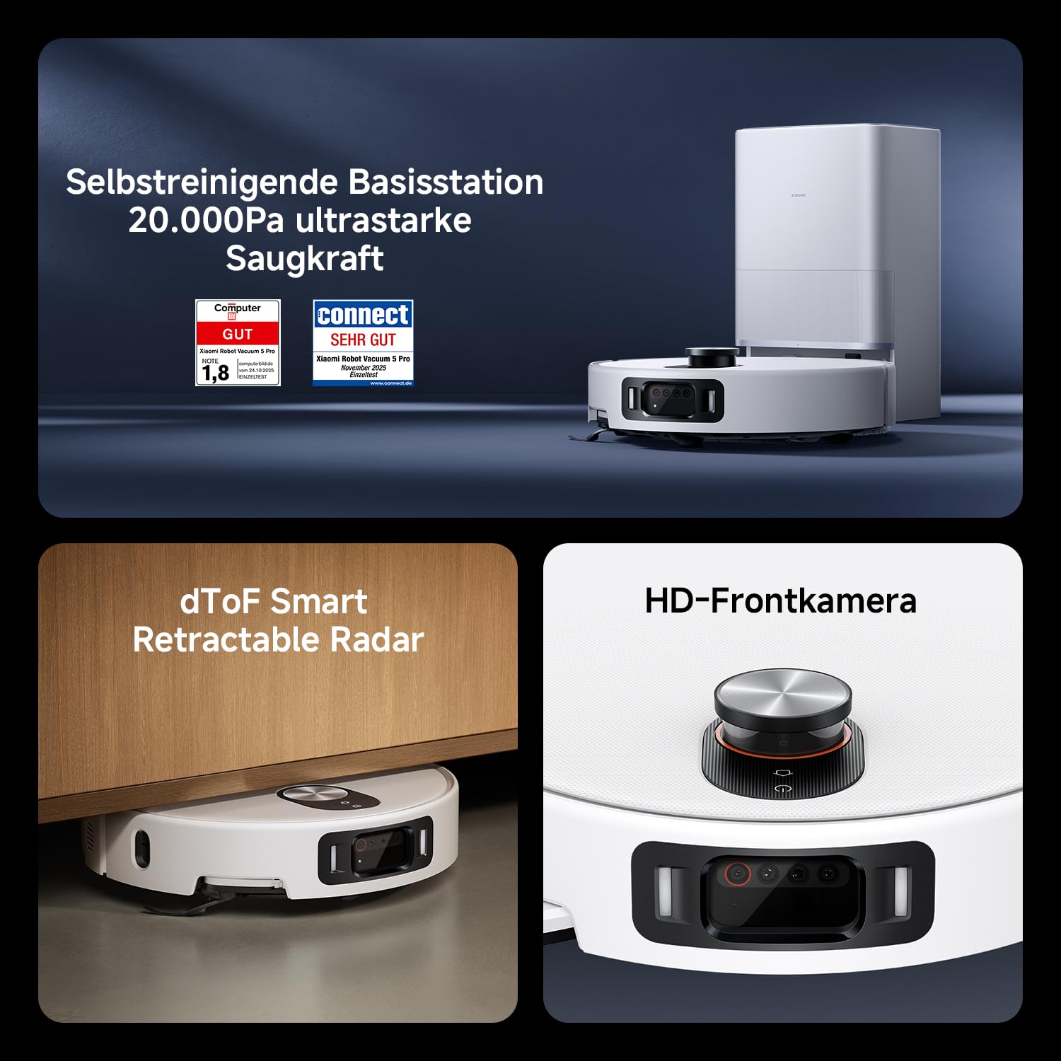 XIAOMI Robot Vacuum 5 Pro Saugroboter mit Wischfunktion, 20.000Pa, Ausfahrbarer Mopp & Seitenbürste, Selbstreinigende All-in-One Basisstation, KI-Navigation, App & Sprachsteuerung