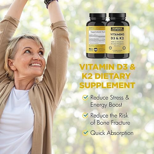 Miniatura 5 de Warrior Strong Wellness - Suplemento dietético de vitamina D3 5000 IU, suplemento de vitamina K2 - Suministro de 2 meses - Inmunidad, huesos y