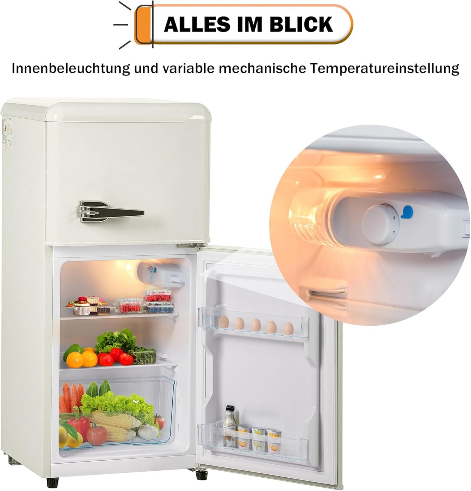 Lodówka Retro Z Zamrażalnikiem O Pojemności Całkowitej 60 L, Zamrażarka 22 L, 2 Szklane Półki, Szuflada Na Warzywa, Tacka Na Jajka, 102 Kwh/Rok, Oświetlenie LED, -27°c-13°c,White