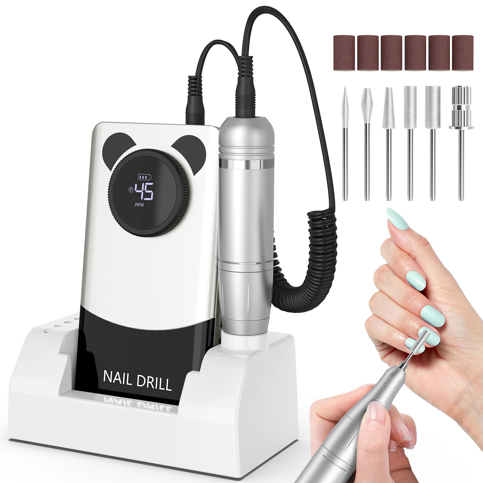 Electric Nail Drill Professional: 45000RPM Rechargeable Nail File with Bits & Base for Acrylic Gel Nails, Professional Nail Drill Manicure Pedicure Polishing Shape Tools for Home Salon