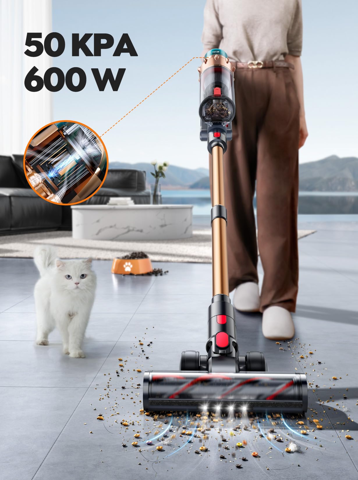 SMOTURE Aspirateur Balai sans Fil, 50KPA 600W 65Mins Aspirateur sans Fil Puissant avec Brosse Matelas, Tuyau 1M, Mode Auto, Écran Tactile, Aspirateur Balai Parfumé pour Poils d’Animaux/Maison/Voiture
