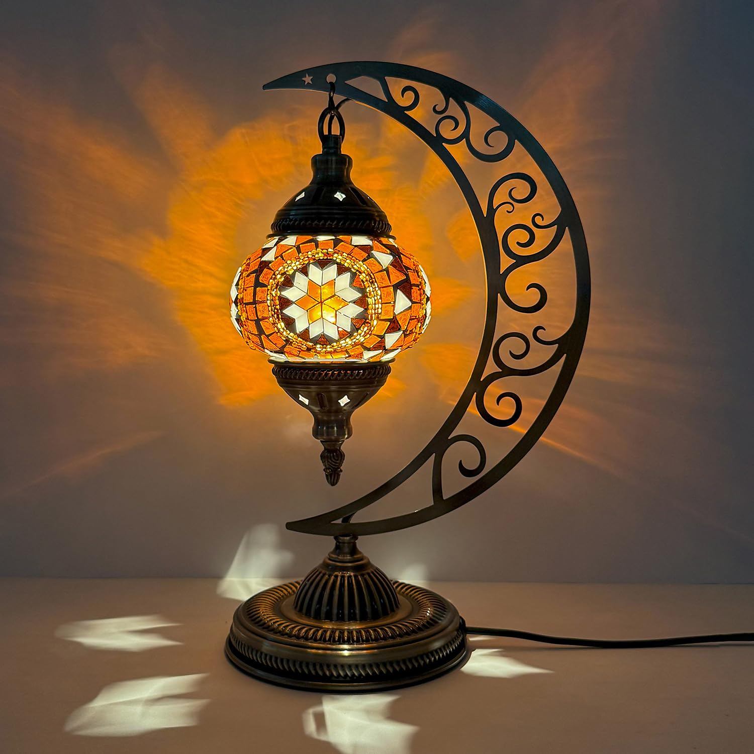 Moroccan Turkish Mosaic Moon Lamp Mosaic Stained Glass Table Lamp with Bronze Base USB Powered Turkish Bohemian Moroccan Bedside Lamps for Home Dining Room Kid Room Decor(W 6.3in x H 15.35in) — image 1