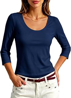 Meetrendi Women 3/4 Sleeve Scoop Neck Top Cotton Slim Fit Basic T-Shirt
