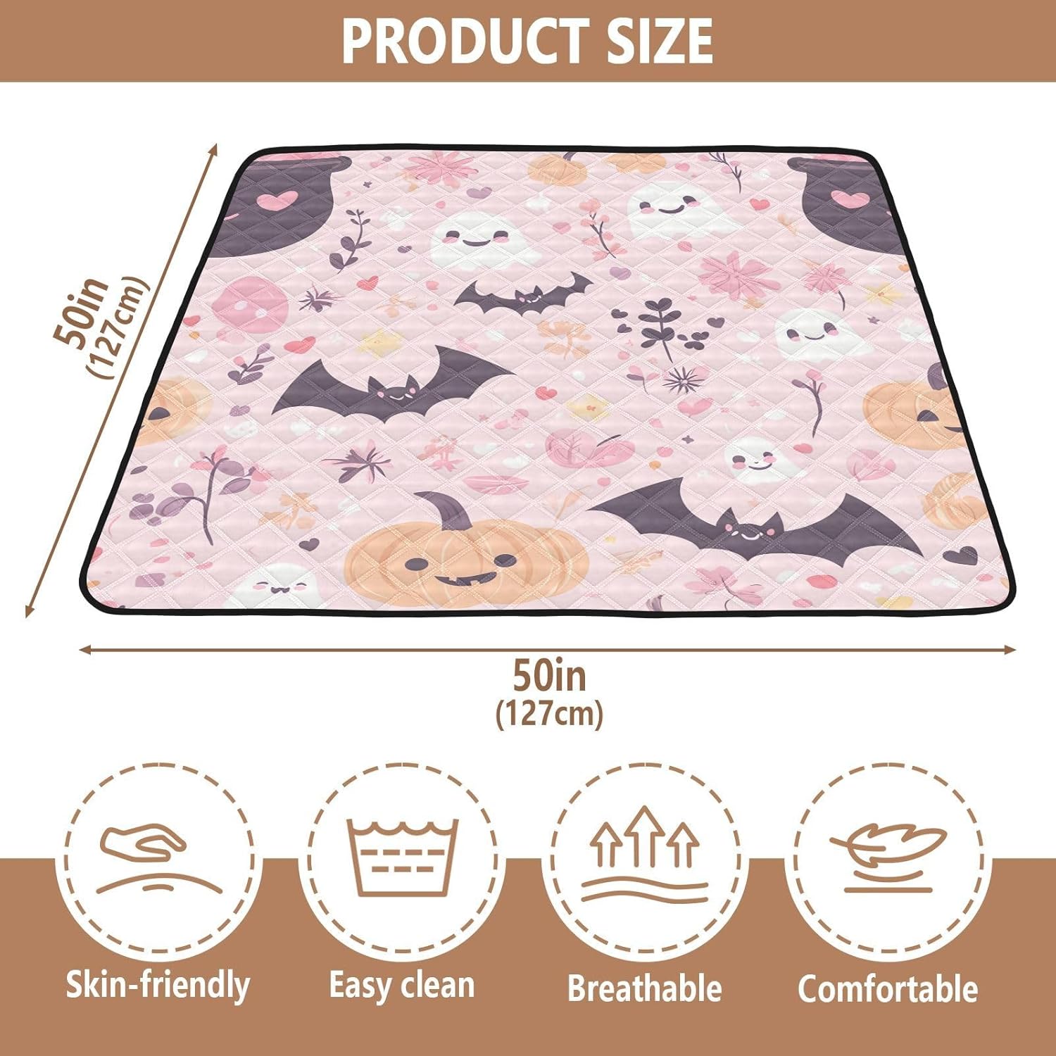 Ghost and Halloween Pumpkin Baby Play Mat, 50“ X 50” Washable Folding Crawling Mat, Baby Floor Mat, Soft, Non-Slip