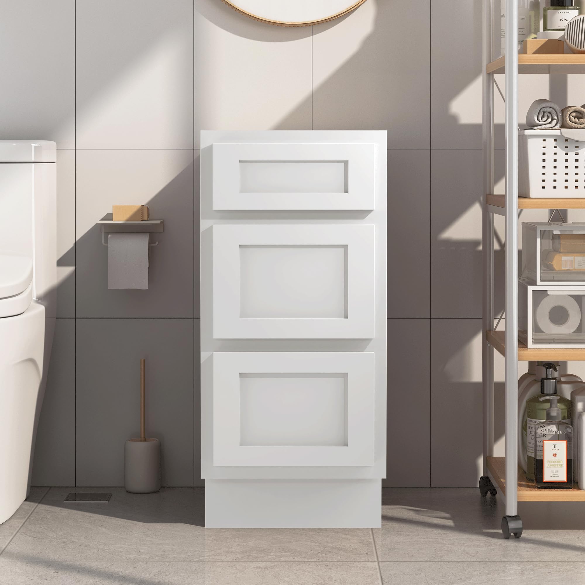 Front-side view of the assembled Vanity Art 15 Inch Bathroom Vanity Cabinet with three soft-closing shaker drawers in white.
