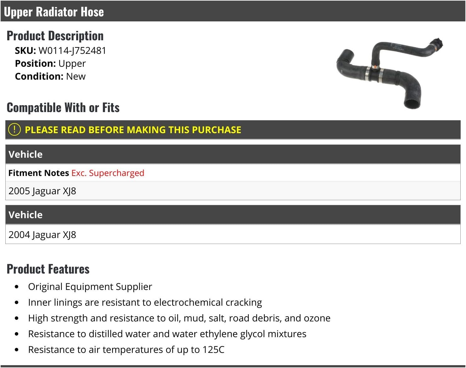 Upper Radiator Hose - Compatible with 2004-2005 Jaguar XJ8