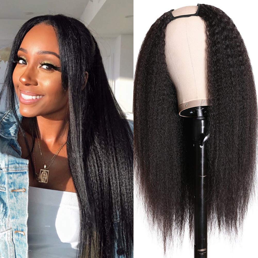 Bele U Part Wig Yaki Straight Human Hair Wig 180 Density 22 inch Kinky Straight U Part Human Hair Wigs for Black Women No Leave Out No Sew In Beginners Friendly Natural Black Color