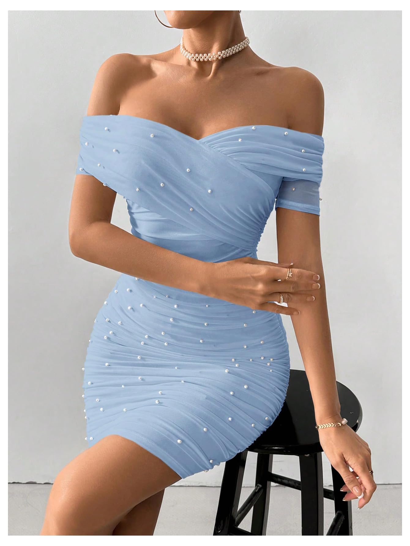 Floerns Vestido corto de manga corta con cuentas de perlas y hombros descubiertos para mujer, vestido de fiesta ajustado