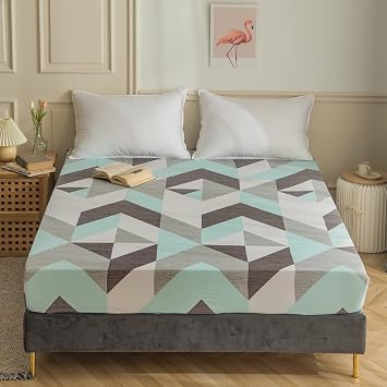 Chevron Fitted Sheet Only, Teal Geometric Bedding Mattress Cover, Grey and Teal Zigzag Geometric Printed Single Deep Pocket Fitted Sheet Twin Size 1 PieceChevron, Twin
