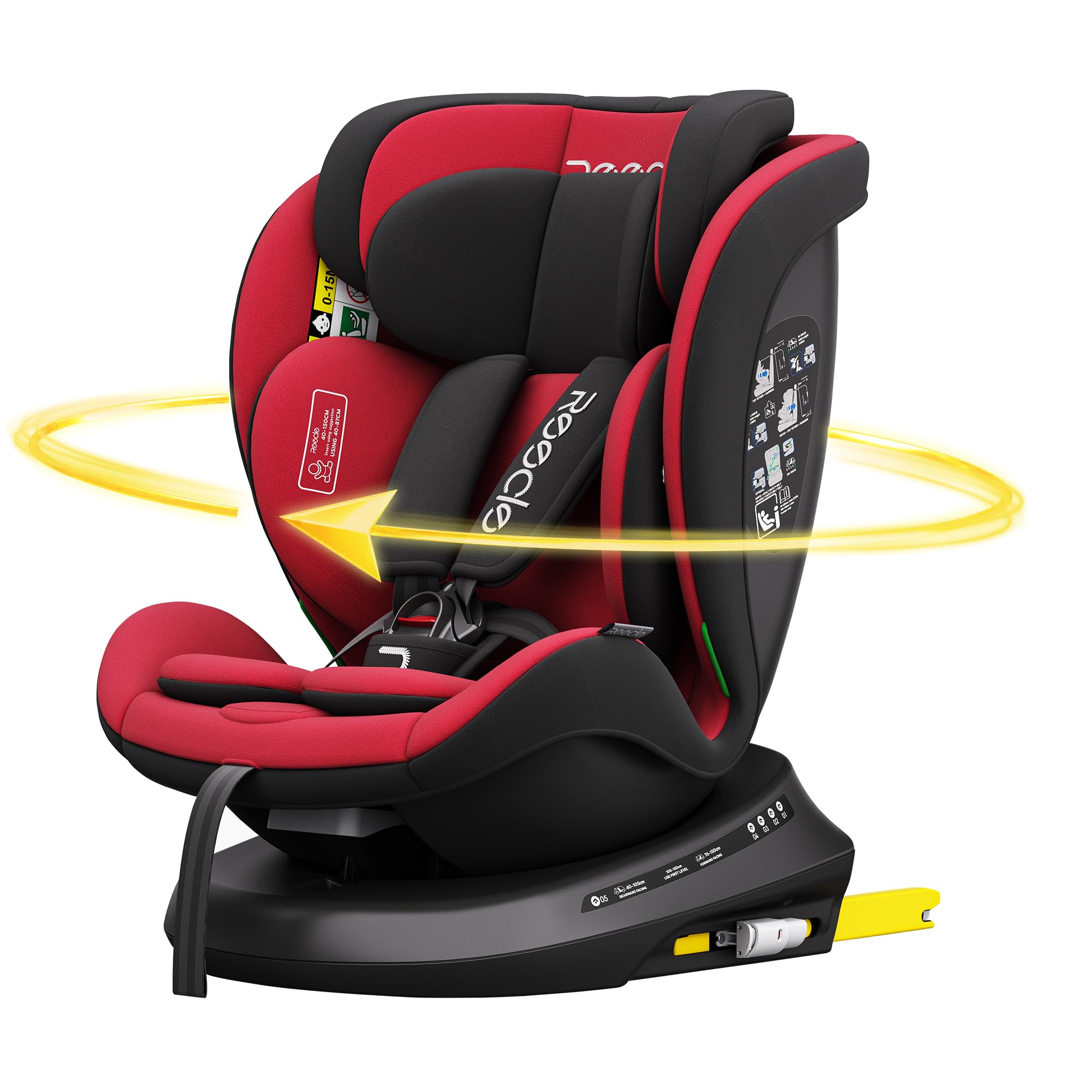 Reecle Fotelik dziecięcy 360 i-Size, fotelik samochodowy 40-150 cm, obracany o 360 stopni, 0-12 lat, fotelik samochodowy z ISOFIX (czerwony)