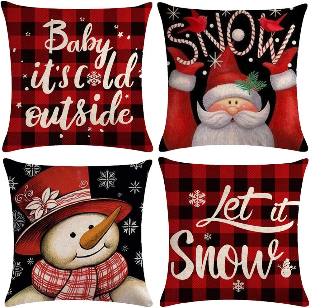ULOVE LOVE YOURSELF 4pack Winter Snow Throw Pillow Case Buffalo Check Plaid with Snowman/Santa Christmas/Winter Holiday Home Decorative Cushion Pillowcases 18 x 18 Inches