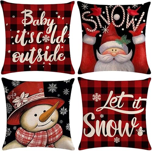 ULOVE LOVE YOURSELF Paquete de 4 fundas de almohada de nieve de invierno a cuadros con muñeco de nieve, Papá Noel, Navidad, vacaciones de invierno,