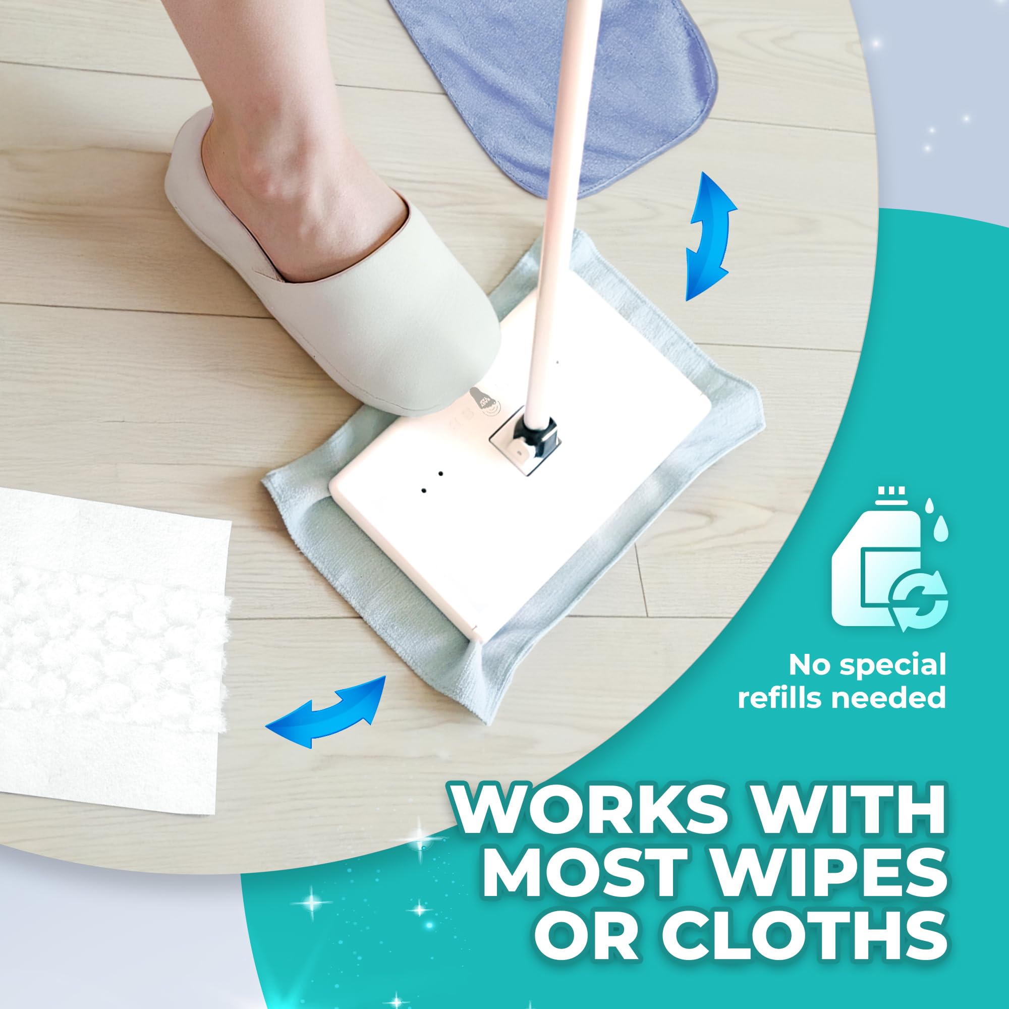 Hands-Free Flat Floor Mop & Sweeper - Foot-Tap Lock System Compatible with Most Pads - 360 Swivel & Adjustable Aluminum Handle - Includes Baking Soda Wet Wipes & 3D Microfiber Cloth — view 4