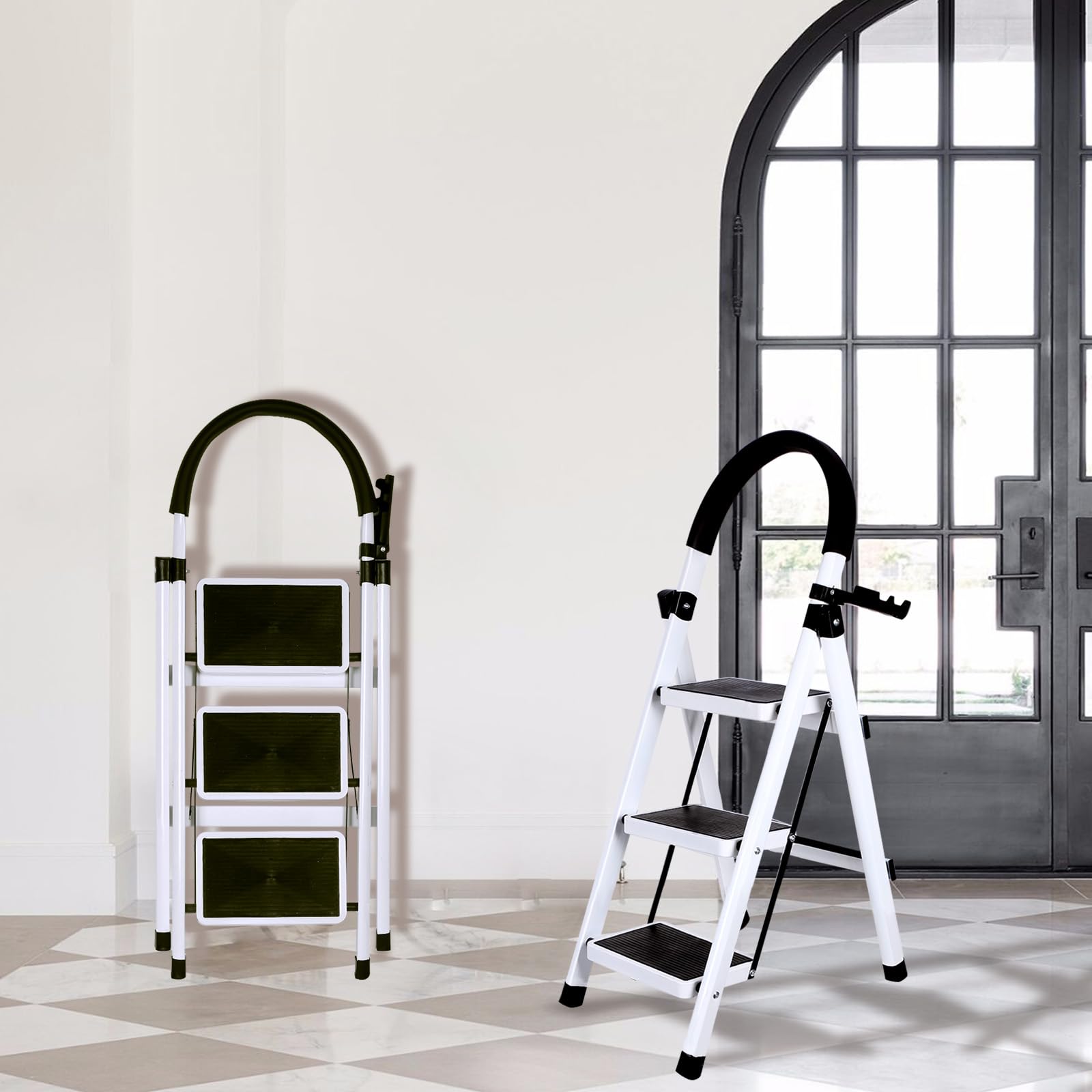 Escabeau 3 Marches Pliant,Marchepieds escamotables,Échelle en Aluminium,Marche Pied Pliable Antidérapantes,Escabeau Escamotable Légères,pour la Maison et Bureau Charge 152 kg