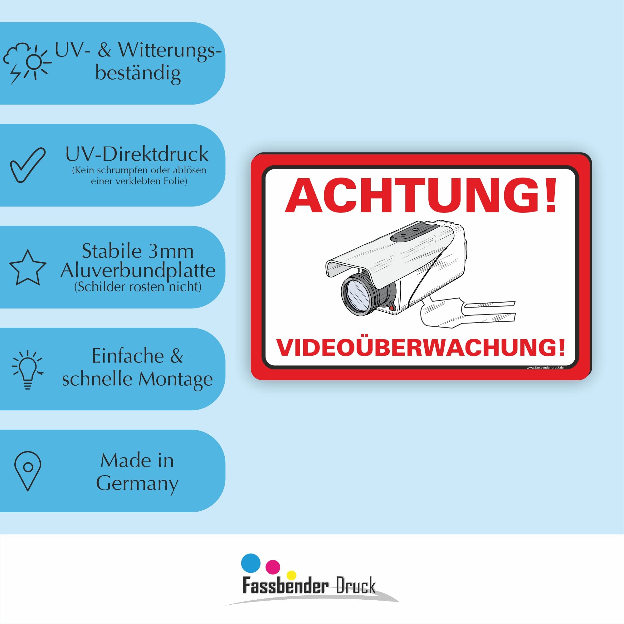 ACHTUNG VIDEOÜBERWACHUNG Schild zum Markieren eines videoüberwachten Bereiches - Aluverbundplatte für ein Videoüberwachungsschild - (90x60cm SCHILD)