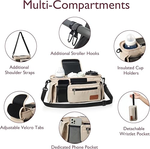 Miniatura 2 de Momcozy Organizador universal para cochecito de bebé, 2 portavasos aislados, bolsillo desmontable con cremallera, correa de hombro ajustable, gran