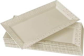 SILVER SPOONS Elegant Lace Plastic Serving Trays (6 PC), Disposable Plastic Trays and Platters for Party - 14” x 7.5”, Serves Snacks, Desserts, Sweets, Perfect for celebrations & events - Ivory