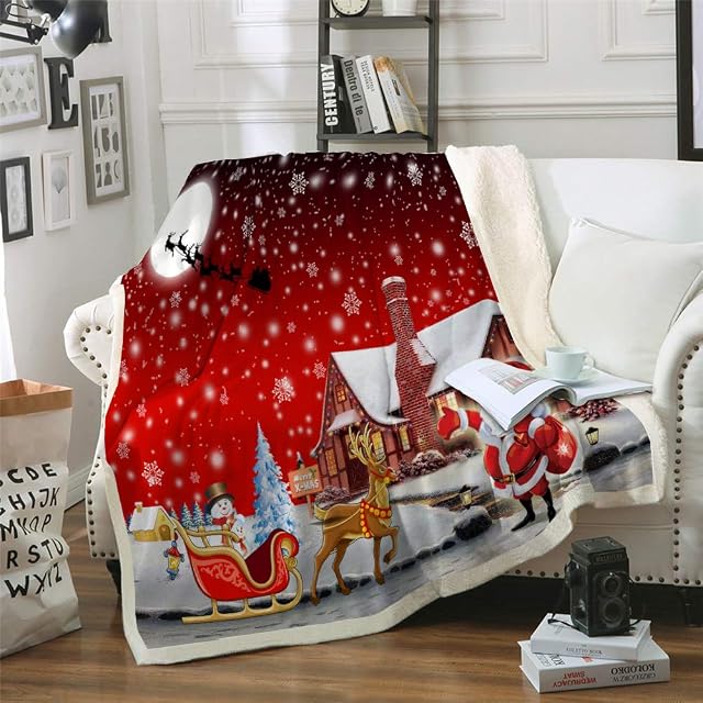 Santa Claus Red Elk Throw Christmas Fleece Blanket Thick Warm Soft Cozy Flannel Blanket for Sofa Couch Bed (Single 130x150cm)