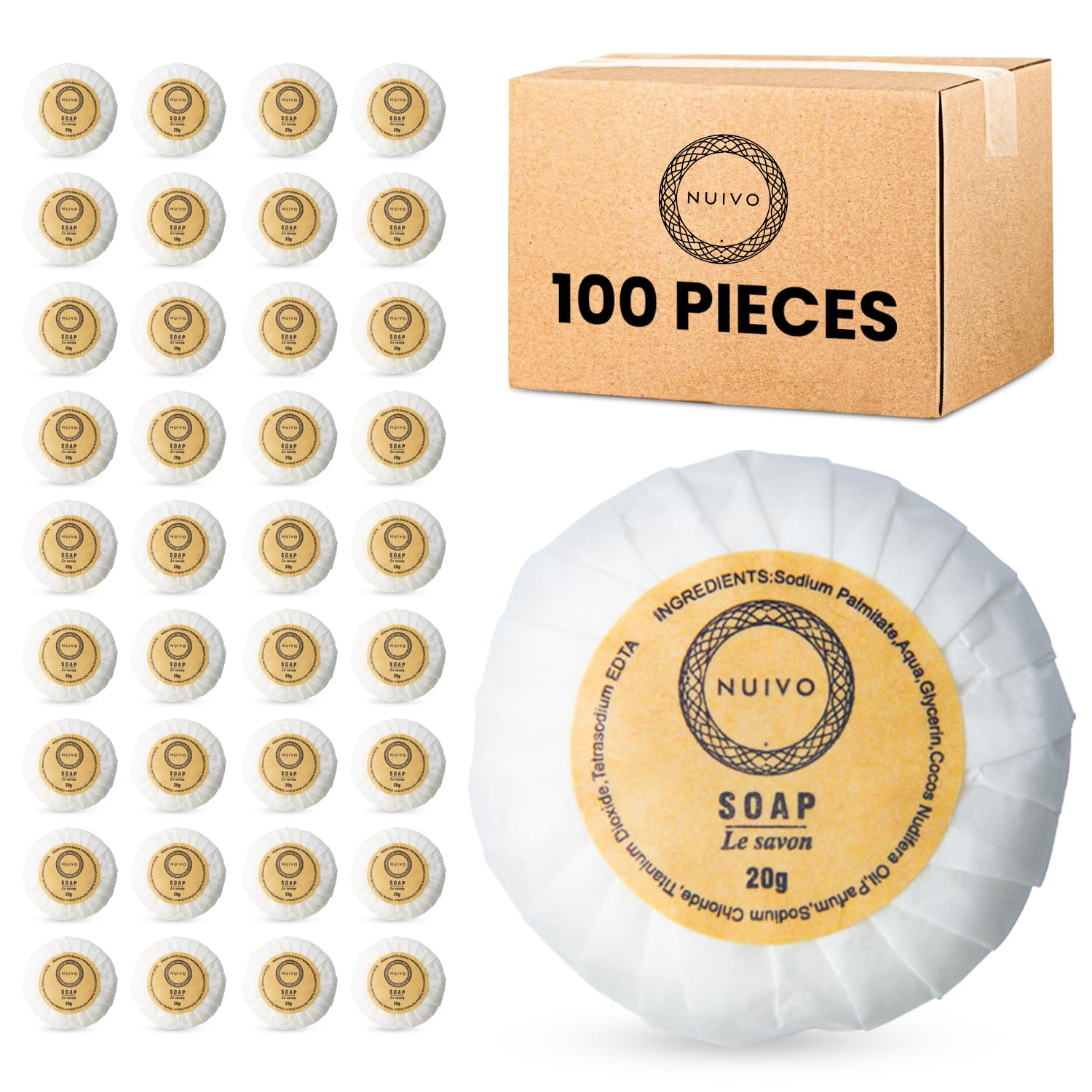 100 Mini-Seifen, rund, 20 g – einzelne Seifen, verpackt aus Papier – Hochzeit, Hotel, Gîte, Badezimmer, Reise – Gästeseife, umweltfreundlich und gebrauchsfertig
