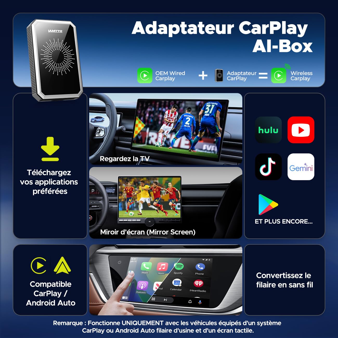 LAMTTO Adaptateur CarPlay sans Fil, AI Box Android avec Google Play Store, Gemini AI, CarPlay & Android Auto sans Fil, HDMI, AirPlay, Lecture USB, WiFi Double Bande, Bluetooth, OTA