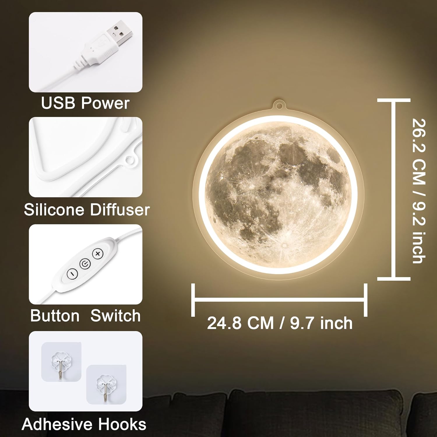 Anywin Moon Neon Signs for Wall Decor, Dimmable Neon Sign Moons Led Signs Moon Art Neon Lights for Living Room, Bedroom Gaming Room, Hotel Decor, Cool Birthday Gifts for Friends, Partner