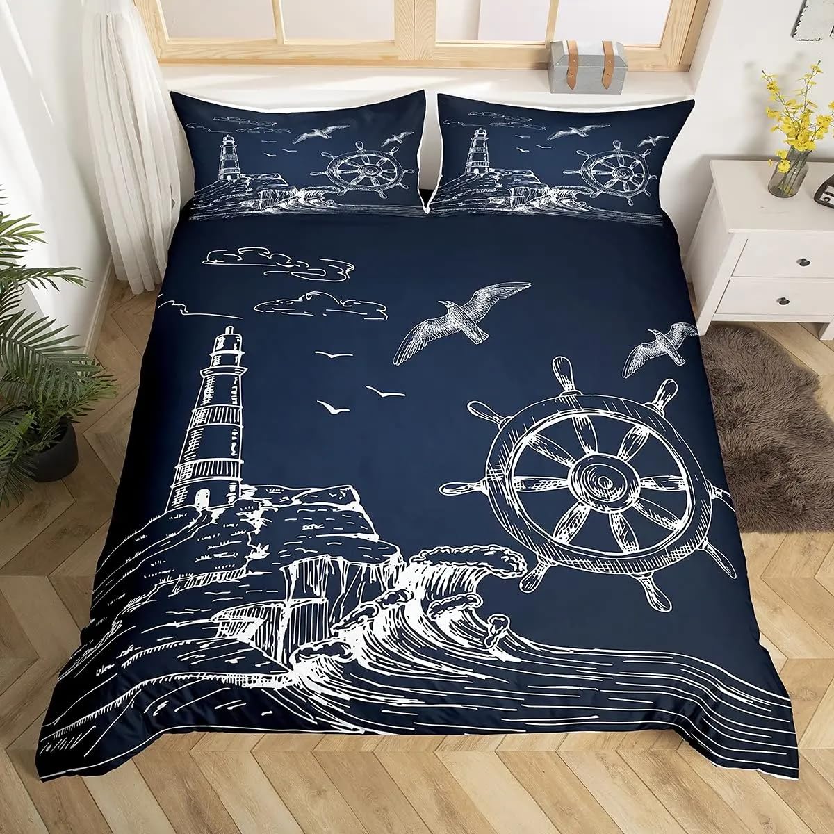 QBIDCSX Bedding Double Bed Set Nautical Theme Bedding Double Bed Set - Microfibre Quilt Cover 230x220 cm - Comforter Cover with 2 Pillowcases(Double)