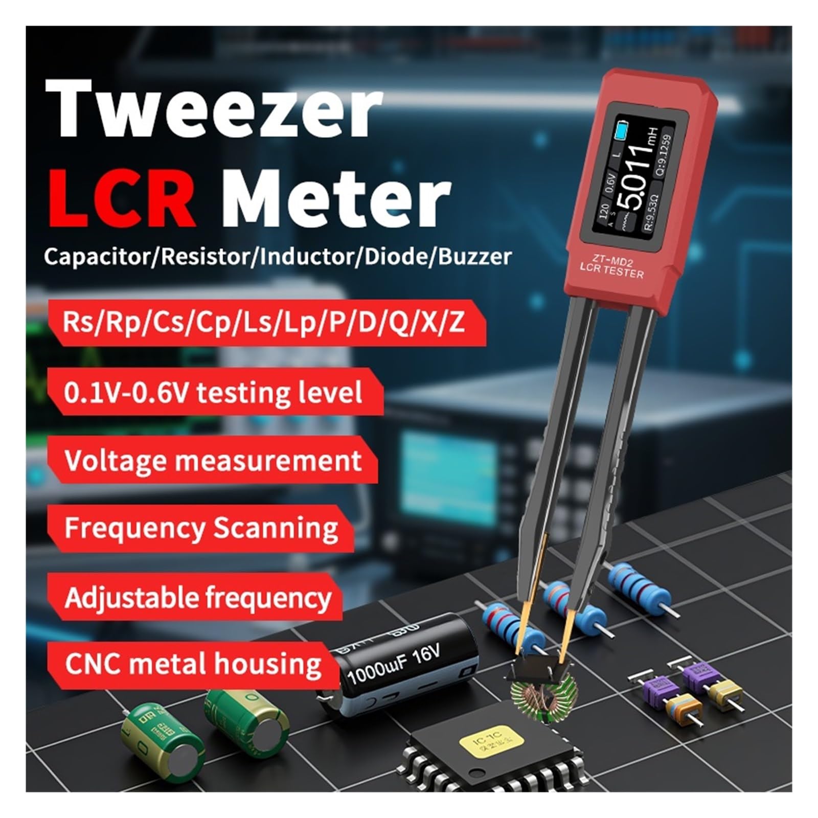 Multimetr cyfrowy, ZT-MD2 Inteligentny multimetr z pęsetą SMD, automatyczny tester RLC/ESR, miernik rezystora kondensatora(ZT-MD2)