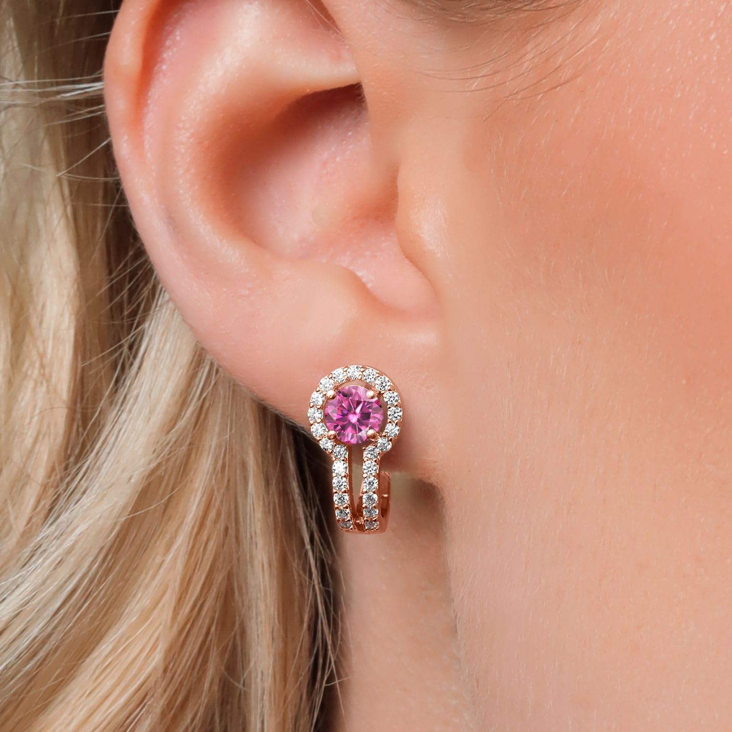 Gem Stone King Customized and Personalized Gemstone Birthstone and Created Sapphire Clip On Earrings for Women | Round 5MM | 18K Rose Gold Plated Silver | Fine Jewelry Gifts for Women Mom Wife Her